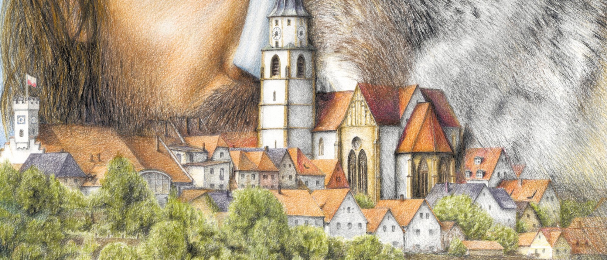 Die Zeichnung ist Teil einer Slideshow. Sie zeigt die Montage eines Kopfes. Untere rechte Gesichtshälfte Ritter, links Wolf. Darunter Altstadt mit Rathaus und Kirche.