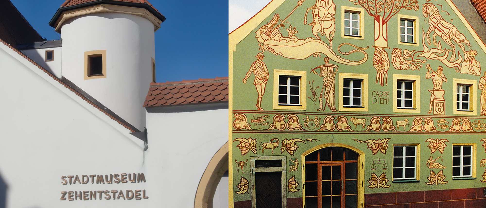 Zwei Fotos sind gegenübergestellt und zeigen links einen Ausschnitt des Stadtmuseums Zehentstadel mit Turm und Ostansicht sowie rechts die Fassade des Schmidt-Hauses.
