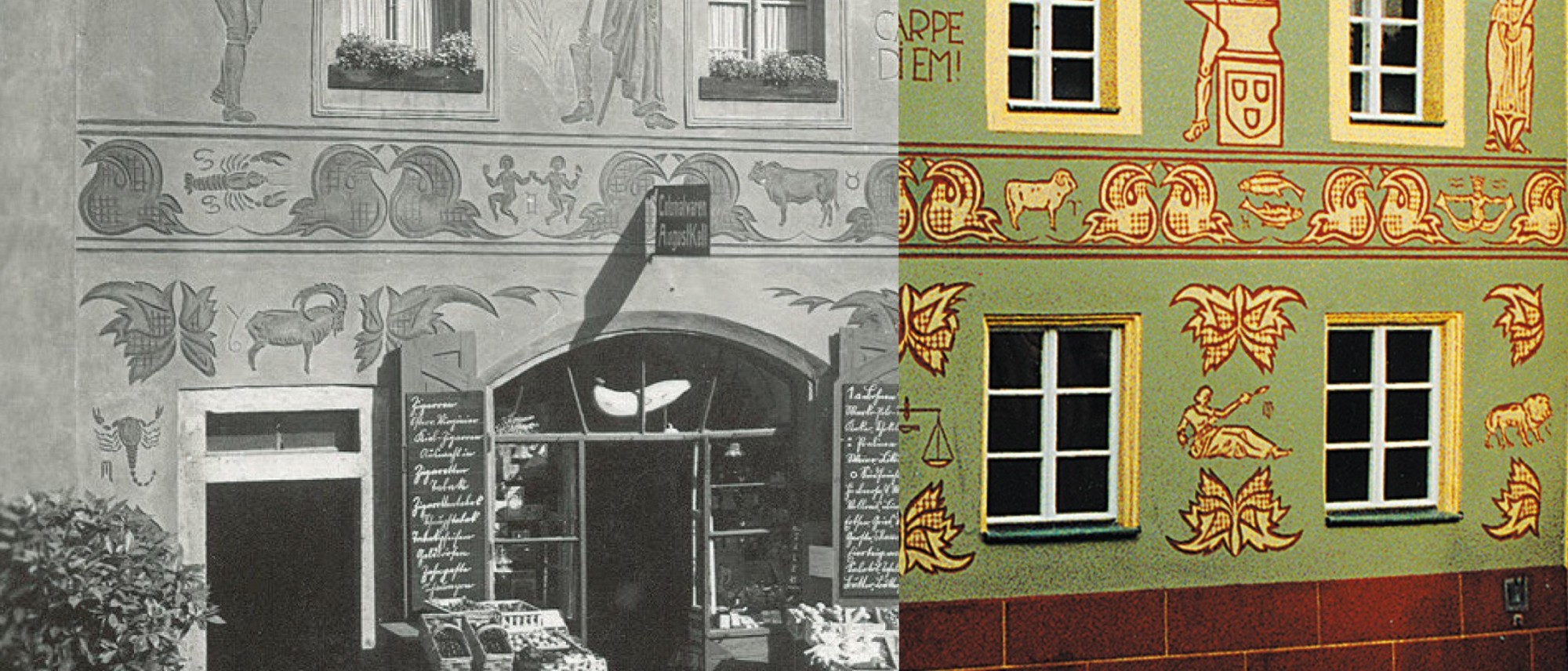 Das Bild stellt Fotos der Fassade des Schmidt-Hauses in schwarz-weiß und Farbe gegenüber. Die frühere Aufnahme zeigt den Zugang zu einem Gemischtwarenladen.