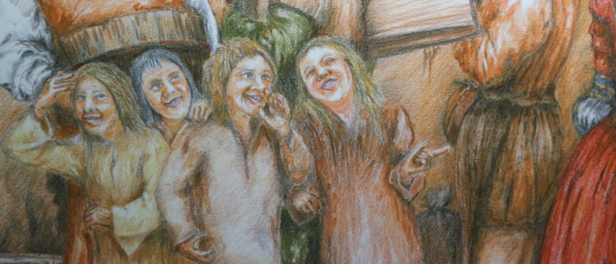 Die Zeichnung zeigt ein Lebensbild aus der kulturgeschichtlichen Dauerausstellung mit lachenden Kindern in mittelalterlicher Kleidung.