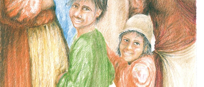 Die Zeichnung zeigt eine Bildtafel der kulturgeschichtlichen Dauerausstellung im Ausschnitt. Zwei Kinder in mittelalterlicher Kleidung wenden sich den Museumsbesuchern zu.