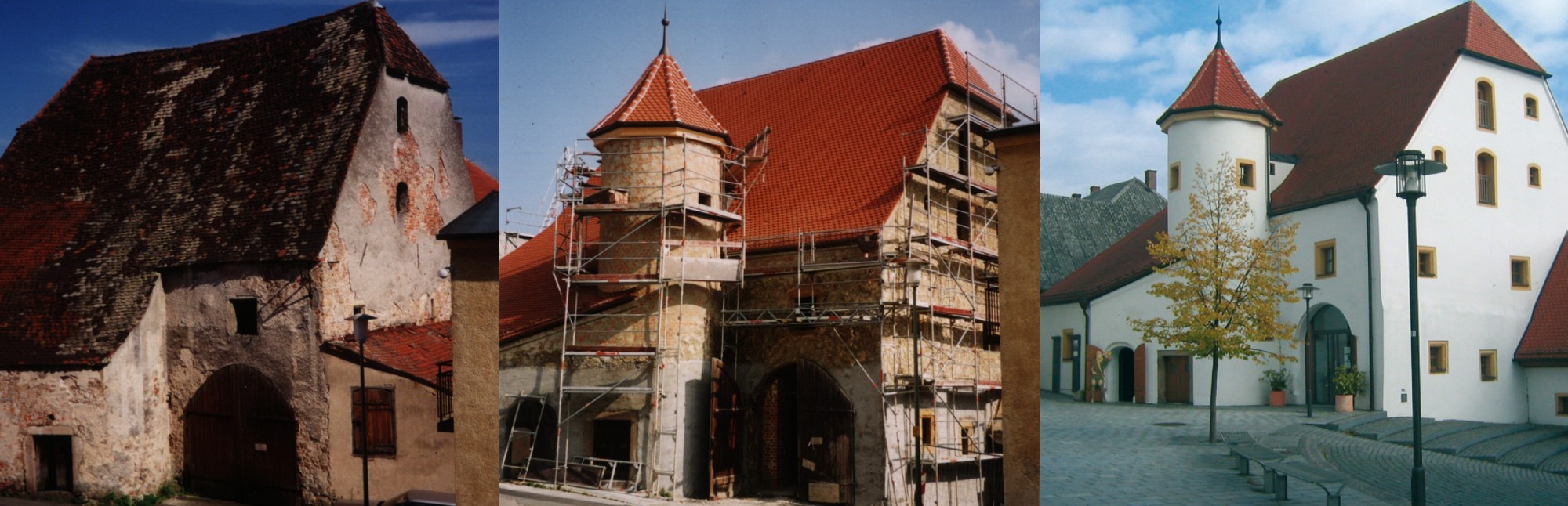 Das erste Foto zeigt den ehemaligen Getreidespeicher vor der Sanierung 1999 als baufälliges Gemäuer. Das zweite Foto zeigt den Zehentstadel eingerüstet während der Sanierung. Das dritte Foto zeigt den bis 2003 sanierten Zehentstadel als Stadtmuseum.
