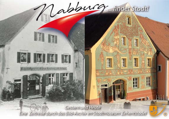 Zwei Fotos &quot;gestern und heute&quot; gegenübergestellt. Titel &quot;Nabburg findet Stadt!&quot; Blick auf die Fassade des Schmidt-Hauses ohne und mit den Kratzmalereien des Künstlers Karl Schmidt-Wolfratshausen.